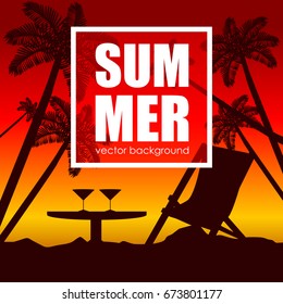The concept of a postcard on a summer theme with summer attributes. Beach vacation, palm trees, tropics, reclining chair, silhouette. Vector illustration, banner.