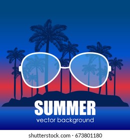 The concept of a postcard on a summer theme with summer attributes. 
Beach vacation, palms, tropics, silhouette, sunglasses.  Vector illustration, banner.