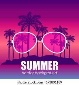 The concept of a postcard on a summer theme with summer attributes. 
Beach vacation, palms, tropics, silhouette, sunglasses.  Vector illustration, banner.