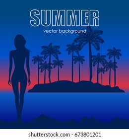 The concept of a postcard on a summer theme with summer attributes. Beach vacation, palms, tropics, girl, silhouette. Vector illustration, banner.