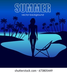 The concept of a postcard on a summer theme with summer attributes. Beach vacation, palms, tropics, girl, silhouette. Vector illustration, banner.