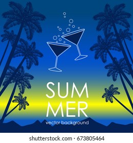 The concept of a postcard on a summer theme with summer attributes. Beach vacation, palm trees, tropics, cocktails, silhouette. Vector illustration, banner.