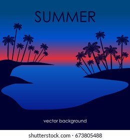 The concept of a postcard on a summer theme with summer attributes. Beach vacation, palms, tropics, silhouette. Vector illustration, banner.