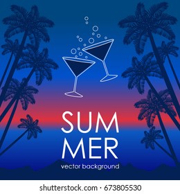 The concept of a postcard on a summer theme with summer attributes. Beach vacation, palm trees, tropics, cocktails, silhouette. Vector illustration, banner.