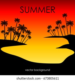 The concept of a postcard on a summer theme with summer attributes. Beach vacation, palms, tropics, silhouette. Vector illustration, banner.