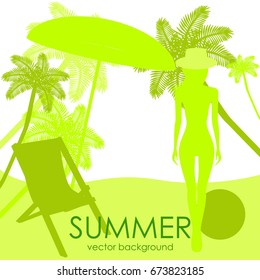 The concept of a postcard on a summer theme with summer attributes. Beach vacation, palms, tropics, beach, girl, umbrella, reclining chair, silhouette. Vector illustration, banner.