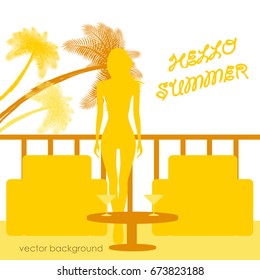 The concept of a postcard on a summer theme with summer attributes. Beach vacation, palms, tropics, beach, girl, reclining chair, silhouette. Vector illustration, banner.