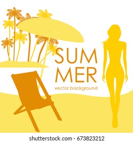 The concept of a postcard on a summer theme with summer attributes. Beach vacation, palms, tropics, beach, girl, umbrella, reclining chair, silhouette. Vector illustration, banner.