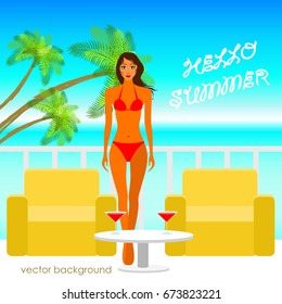 The concept of a postcard on a summer theme with summer attributes. Beach vacation, palms, tropics, beach, girl, reclining chair. Vector illustration, banner.