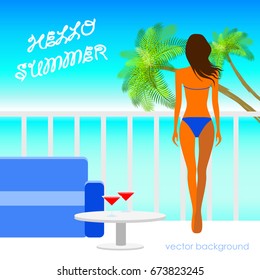 The concept of a postcard on a summer theme with summer attributes. Beach vacation, palms, tropics, beach, girl, reclining chair. Vector illustration, banner.
