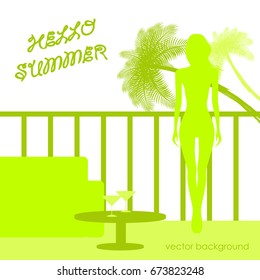 The concept of a postcard on a summer theme with summer attributes. Beach vacation, palms, tropics, beach, girl, reclining chair, silhouette. Vector illustration, banner.