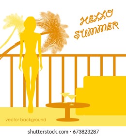 The concept of a postcard on a summer theme with summer attributes. Beach vacation, palms, tropics, beach, girl, reclining chair, silhouette. Vector illustration, banner.