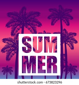The concept of a postcard on a summer theme with summer attributes. Beach vacation, palms, tropics, silhouette. Vector illustration, banner.