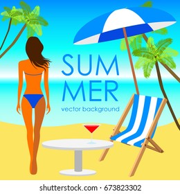 The concept of a postcard on a summer theme with summer attributes. Beach vacation, palms, tropics, beach, girl, umbrella, reclining chair. Vector illustration, banner.