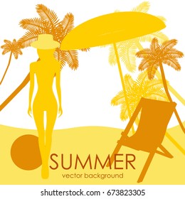 The concept of a postcard on a summer theme with summer attributes. Beach vacation, palms, tropics, beach, girl, reclining chair, silhouette. Vector illustration, banner.