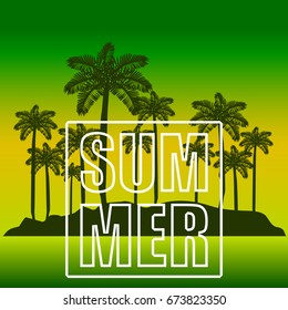 The concept of a postcard on a summer theme with summer attributes. Beach vacation, palms, tropics, island, silhouette. Vector illustration, banner.