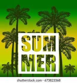 The concept of a postcard on a summer theme with summer attributes. Beach vacation, palms, tropics, silhouette. Vector illustration, banner.