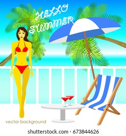 The concept of a postcard on a summer theme with summer attributes. Beach vacation, palms, tropics, beach, girl, reclining chair. Vector illustration, banner.