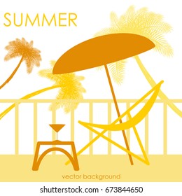 The concept of a postcard on a summer theme with summer attributes. Beach vacation, palms, tropics, beach, umbrella, reclining chair, silhouette. Vector illustration, banner.