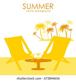 The concept of a postcard on a summer theme with summer attributes. Beach vacation, palms, tropics, beach, reclining chair, silhouette. Vector illustration, banner.