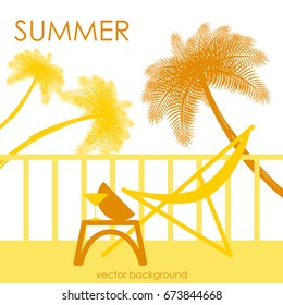 The concept of a postcard on a summer theme with summer attributes. Beach vacation, palms, tropics, beach, reclining chair, silhouette. Vector illustration, banner.