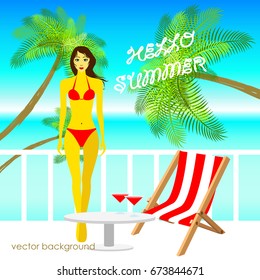 The concept of a postcard on a summer theme with summer attributes. Beach vacation, palms, tropics, beach, girl, reclining chair. Vector illustration, banner.