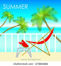 The concept of a postcard on a summer theme with summer attributes.Beach vacation, palms, tropics, beach, sea, reclining chair. Vector illustration, banner.