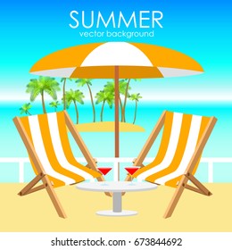 The concept of a postcard on a summer theme with summer attributes. Beach vacation, palms, tropics, beach, umbrella, reclining chair, sea. Vector illustration, banner.