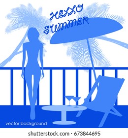 The concept of a postcard on a summer theme with summer attributes. Beach vacation, palms, tropics, beach, girl, reclining chair, silhouette. Vector illustration, banner.
