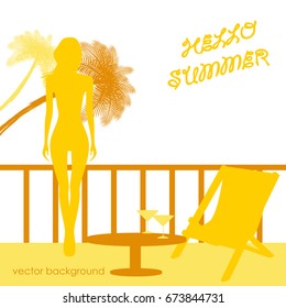 The concept of a postcard on a summer theme with summer attributes. Beach vacation, palms, tropics, beach, girl, reclining chair, silhouette. Vector illustration, banner.