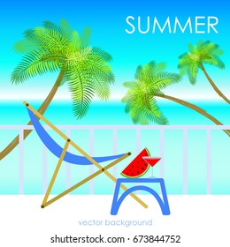 The concept of a postcard on a summer theme with summer attributes. Beach vacation, palms, tropics, beach, sea, reclining chair. Vector illustration, banner.