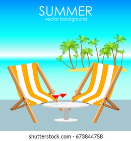 The concept of a postcard on a summer theme with summer attributes. Beach vacation, palms, tropics, beach, sea, reclining chair. Vector illustration, banner.