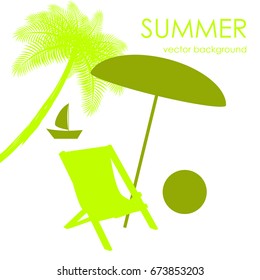 The concept of a postcard on a summer theme with summer attributes. Beach vacation, palms, tropics, beach, ship, umbrella, reclining chair, silhouette. Vector illustration, banner.