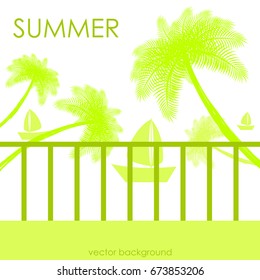 The concept of a postcard on a summer theme with summer attributes. 
Beach vacation, palms, tropics, beach, ship, silhouette. Vector illustration, banner.