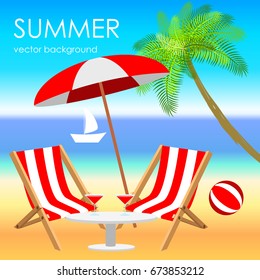 The concept of a postcard on a summer theme with summer attributes. Beach vacation, palms, tropics, beach, ship, umbrella, reclining chair, sea. Vector illustration, banner.