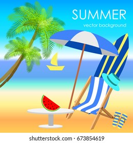 The concept of a postcard on a summer theme with summer attributes. 
Beach vacation, palm trees, tropics, beach, ship, umbrella, reclining chair, surfboard,  sea. Vector illustration, banner.