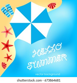 The concept of a postcard on a summer theme with summer attributes. 
Beach vacation, palm trees, tropics, beach, sea, umbrella, flip-flops, starfish. Vector illustration, banner.