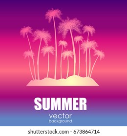 The concept of a postcard on a summer theme with summer attributes. Beach vacation, palm trees, tropics, beach, silhouette. Vector illustration, banner.