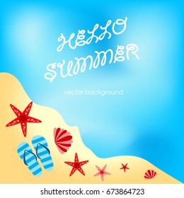 The concept of a postcard on a summer theme with summer attributes. 
Beach vacation, palm trees, tropics, beach, sea, flip-flops, starfish. Vector illustration, banner.