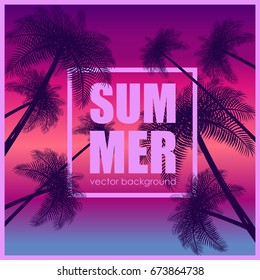 The concept of a postcard on a summer theme with summer attributes. Beach vacation, palm trees, tropics, beach, silhouette. Vector illustration, banner.