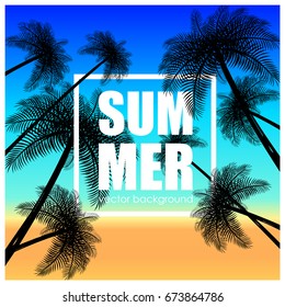 The concept of a postcard on a summer theme with summer attributes. Beach vacation, palm trees, tropics, beach, silhouette, sea. Vector illustration, banner.