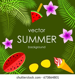 The concept of a postcard on a summer theme with summer attributes. Beach vacation, palm trees, tropical plants, watermelon, glasses, ice cream. Vector illustration, banner.