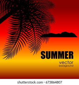 The concept of a postcard on a summer theme with summer attributes. Beach vacation, palm trees, tropics, beach, silhouette. Vector illustration, banner.