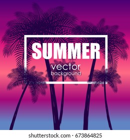 The concept of a postcard on a summer theme with summer attributes. Beach vacation, palm trees, tropics, beach, silhouette. Vector illustration, banner.