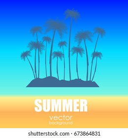 The concept of a postcard on a summer theme with summer attributes. Beach vacation, palm trees, tropics, beach, silhouette. Vector illustration, banner.