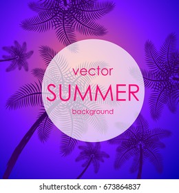 The concept of a postcard on a summer theme with summer attributes. Beach vacation, palm trees, tropics, beach, silhouette. Vector illustration, banner.