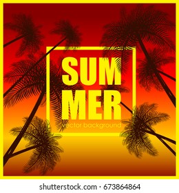 The concept of a postcard on a summer theme with summer attributes. Beach vacation, palm trees, tropics, beach, silhouette. Vector illustration, banner.