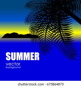 The concept of a postcard on a summer theme with summer attributes. Beach vacation, palm trees, tropics, beach, silhouette. Vector illustration, banner.