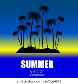 The concept of a postcard on a summer theme with summer attributes. Beach vacation, palm trees, tropics, beach, silhouette. Vector illustration, banner.