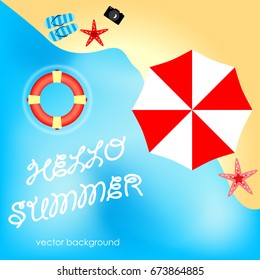The concept of a postcard on a summer theme with summer attributes. Beach vacation, palm trees, tropics, beach, sea, umbrella, flip-flops, starfish, lifebuoy. Vector illustration, banner.